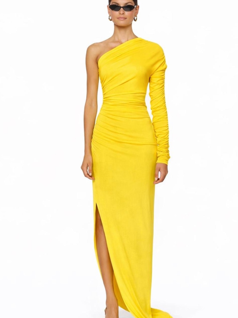 Khy x Atlein One-Shoulder Yellow Ruched Long-Sleeve Evening Gown - Picture 2 of 4
